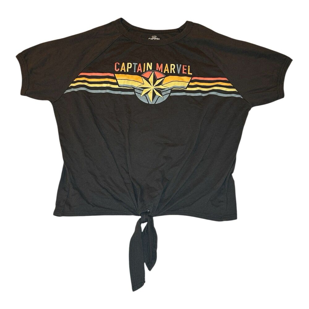 Marvel Captain Marvel Black Graphic T-Shirt Women's Size Large Tie Front Retro